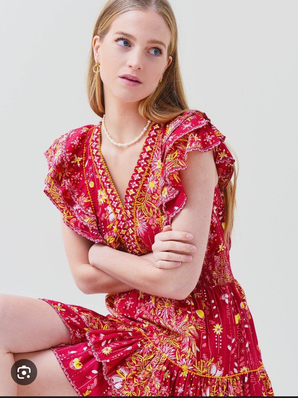 Poupette St Barth Camila Mini Dress Red Floral Ruffle Smocked Flawed Women Sz S